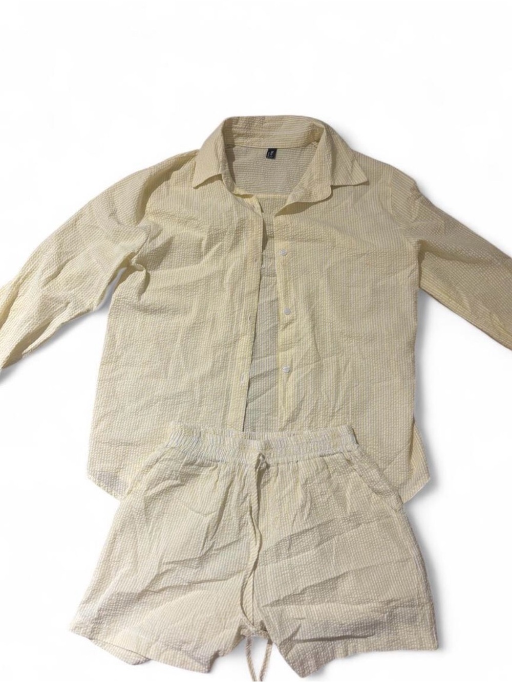💛Pale Yellow Seersucker Shirt & Shorts Matching Set